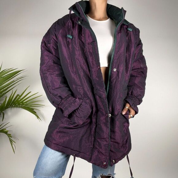 Vintage 90s Grunge Purple Metallic Retro Oversized Puff Jacket / Size: Medium - Picture 1 of 5